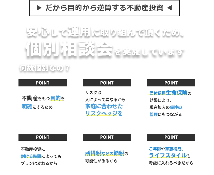 目的から逆算する不動産投資。個別相談会を実施しています。