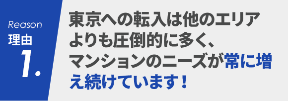 理由1 東京への転入は他のエリアよりも圧倒的に多く、マンションのニーズが常に増え続けています！